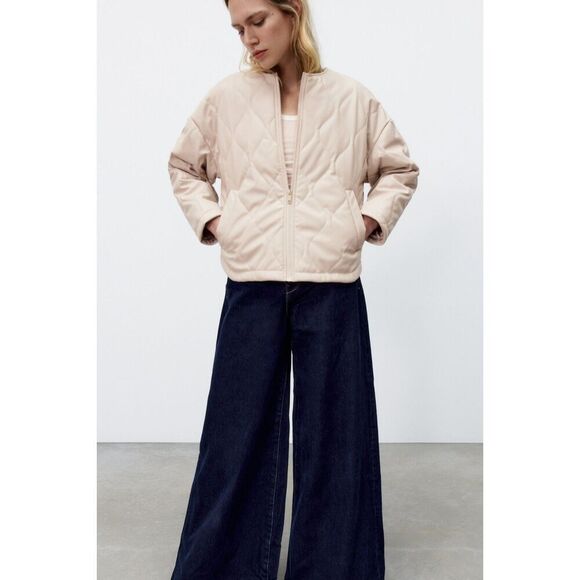 Cream Zara Quilted Pattern Faux Leather Puffer Jacket (NWT) - Picture 11 of 11